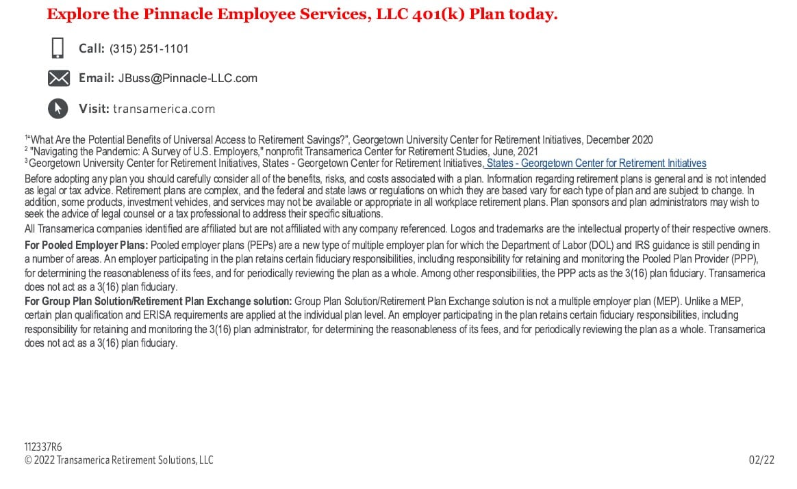 Pinnacle Employee Services / Transamerica 401k Plan Information Disclaimers
